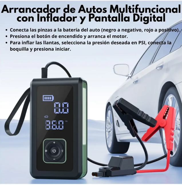 Arrancador de autos multifuncional con inflador y pantalla digital